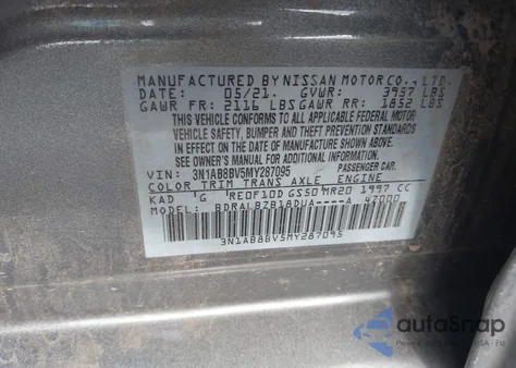 2021 Nissan Sentra S Xtronic Cvt z USA, uszkodzony, nr VIN 3N1AB8BV5MY287095